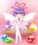  1girl angry bench blue_eyes dress feli hair_ornament happy long_hair madou_monogatari pink_dress pixiv purple_hair puyo puyopuyo sad sitting smile tgme 