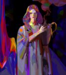  1girl abstract abstract_background absurdres art_study closed_eyes closed_mouth commentary cowboy_shot dress english_commentary faux_traditional_media highres holding jug_(bottle) long_hair multicolored_background original psychedelic robe sketch solo standing straight-on yuming_li 