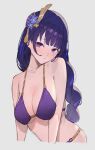  1girl bare_arms bare_shoulders bikini blush braid braided_ponytail breasts cleavage closed_mouth genshin_impact grey_background hair_ornament highres large_breasts long_hair looking_at_viewer mole mole_under_eye purple_bikini purple_eyes purple_hair raiden_shogun simple_background solo sooon swimsuit 