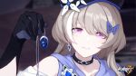  1girl ana_schariac beret choker copyright_name earrings gloves grey_hair hair_ornament hairclip hat highres holding holding_jewelry holding_necklace honkai_(series) honkai_impact_3rd jewelry logo long_hair necklace official_art purple_eyes second-party_source smile 