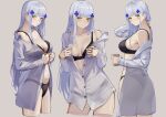  1girl 3_small_spiders absurdres blue_hair blush breasts collared_shirt commentary_request cropped_legs cup facial_mark girls&#039;_frontline green_eyes highres hk416_(girls&#039;_frontline) holding holding_cup light_blue_hair long_hair long_sleeves looking_at_viewer medium_breasts mug multiple_views open_clothes open_shirt shirt sideboob white_shirt 
