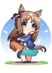  1girl animal_ears basket black_footwear blue_cardigan blue_eyes blue_ribbon cardigan chibi closed_mouth ear_ribbon full_body grass_wonder_(umamusume) highres holding holding_basket horse_ears horse_girl horse_tail light_brown_hair light_smile long_sleeves looking_to_the_side multicolored_hair no_nose open_cardigan open_clothes red_ribbon ribbon shirt skirt standing streaked_hair tail two-tone_ribbon umamusume warashi white_shirt 