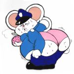 1:1 anthro bastardpalace belly_overhang big_butt bodily_fluids bottomwear bottomwear_down butt clothed clothing dessert doughnut eating eating_food food hi_res male mammal mappy mappy_(character) mouse murid murine out_of_breath overweight overweight_male pants pants_down partially_clothed pink_clothing pink_underwear police_hat police_uniform rodent solo sweat sweatdrop underwear uniform