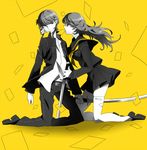  1girl bad_id bad_pixiv_id card_in_mouth dual_persona falling_card genderswap genderswap_(mtf) katana kneeling long_hair monochrome mouth_hold nagiko_(mangalove1111) narukami_yuu persona persona_4 school_uniform selfcest short_hair simple_background skirt spot_color sword thighhighs weapon yellow_background 