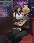  1boy 1girl armor black_hair brown_eyes cloud_strife crop_top final_fantasy final_fantasy_vii final_fantasy_vii_rebirth final_fantasy_vii_remake fingerless_gloves fireworks gloves highres night pudelmudel shoulder_armor sitting sitting_on_lap sitting_on_person smile spiked_hair tank_top tifa_lockhart 