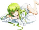 1girl artist_request barefoot blush bottomless c.c. closed_mouth code_geass code_geass:_lost_stories crossed_arms feet full_body game_cg green_hair hair_between_eyes happy legs long_hair long_sleeves looking_at_viewer lying non-web_source official_art on_pillow on_stomach pillow shirt sidelocks simple_background smile solo thighs transparent_background white_shirt yellow_eyes 