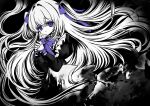  1girl absurdres blue_bow blue_bowtie blue_eyes blue_ribbon bound bound_wrists bow bowtie commentary_request crossed_bangs dress floating_hair greyscale hair_intakes hair_ribbon highres juliet_sleeves long_hair long_sleeves monochrome original own_hands_together parted_lips puffy_sleeves raiyo_(pixiv16261673) ribbon sleeves_past_elbows solo spot_color straight_hair tareme two_side_up upper_body very_long_hair 