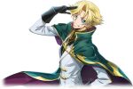  1boy arm_up artist_request black_gloves black_shirt blonde_hair blue_eyes cape code_geass code_geass:_lost_stories cropped_torso from_side game_cg gino_weinberg gloves green_cape grin hair_intakes hand_on_own_hip happy high_collar highres jacket long_sleeves looking_at_viewer male_focus military_uniform non-web_source official_art salute shirt short_hair sidelocks simple_background smile solo standing teeth transparent_background two-finger_salute two-sided_cape two-sided_fabric uniform upper_body white_jacket 