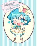  1girl ;d blue_background blue_eyes blue_hair box chibi commentary_request dorothy_west dress full_body gift gift_box hand_on_own_hip happy_valentine heart-shaped_box highres holding holding_gift looking_at_viewer momokan_(mmkn100) one_eye_closed open_mouth pretty_series pripara puffy_short_sleeves puffy_sleeves short_hair short_sleeves smile solo striped_background white_dress 