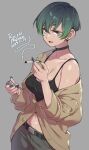  1girl agawa_ryou artist_name black_tank_top choker cigarette commentary cowboy_shot dated english_commentary green_hair grey_background grey_eyes holding holding_cigarette holding_lighter lighter nail_polish navel open_mouth original pants short_hair simple_background solo tank_top 
