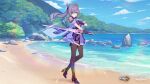  1girl beach black_pantyhose blue_sky cloud cloudy_sky company_connection copyright_name crossover day double_bun dress full_body genshin_impact gloves hair_between_eyes hair_bun hair_ornament high_heels highres holding holding_sword holding_weapon honkai_(series) honkai_impact_3rd keqing_(genshin_impact) logo long_hair looking_at_viewer mihoyo ocean official_art outdoors pantyhose purple_dress purple_eyes purple_footwear purple_gloves purple_hair sand second-party_source shoes sky slimetan solo sword tree twintails weapon 