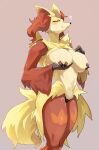 &lt;3 anthro areola areola_slip big_breasts black_clothing black_panties black_underwear breasts camel_toe canid canine cgu0906 clothing countershading curvy_figure delphox digital_drawing_(artwork) digital_media_(artwork) female fondling fox fur generation_6_pokemon hi_res holding_breast hourglass_figure kemono mammal narrowed_eyes navel nintendo nipple_outline nipple_tape panties pasties pink_areola pokemon pokemon_(species) red_body red_fur self_fondle simple_background solo tail tan_body tan_fur tape underwear yellow_body yellow_fur