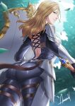  1girl amasaki_yusuke armor ass back_cutout blonde_hair breastplate clothing_cutout facing_away gauntlets greaves holding holding_shield holding_sword holding_weapon kisara_(tales) long_hair looking_at_viewer looking_back parted_lips pauldrons shield shoulder_armor signature solo sword tales_of_(series) tales_of_arise thighs weapon white_armor yellow_eyes 
