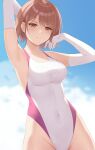  1girl absurdres arm_behind_head armpits bare_shoulders breasts brown_hair closed_mouth competition_swimsuit covered_navel cowboy_shot elbow_gloves frown gloves hand_up highleg highleg_swimsuit highres higuchi_madoka idolmaster idolmaster_shiny_colors large_breasts looking_at_viewer one-piece_swimsuit red_eyes rko_(a470350510) short_hair sky solo standing swimsuit two-tone_one-piece_swimsuit v-shaped_eyebrows wet wet_clothes wet_swimsuit white_gloves 