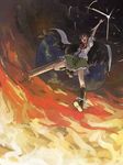  arm_cannon black_hair black_wings bow cape cloud flying hair_bow long_hair open_mouth reiuji_utsuho shibasaki_shouji short_sleeves sky smile solo touhou weapon wings 