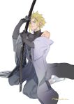  1boy alternate_costume ankle_socks armored_gloves arms_up black_gloves black_wings blonde_hair blue_eyes cloud_strife commentary_request detached_sleeves expressionless feathered_wings final_fantasy final_fantasy_vii full_body gloves grey_hakama hakama haori high_collar highres implied_yaoi japanese_clothes kneeling looking_to_the_side male_focus masamune_(ff7) nikuram_f obi parted_lips sash scabbard sheath short_hair signature simple_background single_wing sleeveless socks solo spiked_hair white_background white_socks wing_print wings 