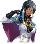  1girl artist_request asymmetrical_hair black_gloves black_hair black_shirt blue_cape braid breasts cape code_geass code_geass:_lost_stories covered_navel cropped_torso crown_braid dark-skinned_female dark_skin dorothea_ernst dutch_angle game_cg gloves green_eyes hair_tie hand_up high_collar jacket large_breasts lips lipstick long_hair long_sleeves looking_at_viewer makeup military_uniform non-web_source official_art parted_lips red_lips shirt sidelocks simple_background single_braid solo teeth transparent_background two-sided_cape two-sided_fabric uniform upper_body v-shaped_eyebrows white_jacket 