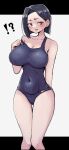  !? 1girl black_hair blue_one-piece_swimsuit blush boku_no_kokoro_no_yabai_yatsu breasts brown_eyes cleavage covered_navel earrings highres jewelry large_breasts long28 mature_female one-piece_swimsuit short_hair solo standing sweat swimsuit yamada_anna yamada_sanae_(bokuyaba) 