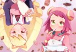  2girls batter blonde_hair blush brown_eyes candy chocolate drill_hair food green_eyes heart heart-shaped_chocolate hood hood_up hoodie icing kika_tohoku long_hair long_sleeves luna_platz_(mega_man) mega_man_(series) mega_man_star_force mixing_bowl multiple_girls pink_hair rotational_symmetry short_hair sonia_strumm_(mega_man) twin_drills utensil_in_mouth whisk 