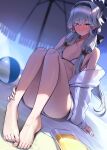  1girl absurdres arm_support ball bare_legs barefoot beach_umbrella beachball bikini blue_archive blurry blurry_background blush breasts collarbone earclip feet grey_hair hair_tubes halo highres himari_(blue_archive) jacket knees_up legs looking_at_viewer mole mole_under_eye nervous_sweating nose_blush outdoors pointy_ears sbgu see-through_silhouette sitting small_breasts solo sweat swimsuit toenails toes umbrella white_bikini white_jacket 