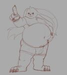 anthro bandai_namco beady_eyes belly briefs bulge clawed_fingers claws clothing confident digimon digimon_(species) gargomon gesture glitchedweasel hand_gesture hi_res horn long_ears male navel nipples overweight pointing sketch smile solo toe_claws underwear