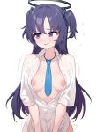  1girl black_halo blue_archive blue_necktie blush breasts collarbone halo long_hair looking_to_the_side medium_breasts necktie nipples purple_eyes purple_hair shirt shisum simple_background solo sweat two_side_up wet wet_clothes wet_shirt white_background white_shirt yuuka_(blue_archive) 