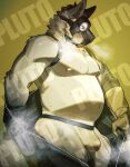 2024 anthro areola arknights belly bulge clothing collar distracting_watermark fur gas_mask grey_body grey_fur hair hi_res hyena hypergryph jockstrap male mammal mask navel nipples overweight overweight_anthro overweight_male pluto08010511 pu94_d1de4c solo spot_(arknights) spotted_hyena studio_montagne tail underwear watermark