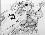  ario breasts cleavage coin graphite_(medium) greyscale hair_bobbles hair_ornament large_breasts monochrome obi onozuka_komachi open_mouth sash scythe shikishi short_hair smile solo touhou traditional_media two_side_up upper_body 