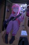  1girl black_socks blue_eyes bocchi_the_rock! closet death_(band) electric_guitar gibson_les_paul gotoh_hitori guitar hair_ornament highres holding holding_instrument ijichi_nijika instrument irreligiositat kessoku_band kita_ikuyo long_hair pants pink_hair pink_pants pink_shirt playing_guitar shirt socks yamada_ryo yojouhan_shinwa_taikei 