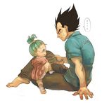  1boy 1girl age_difference barefoot black_hair blue_eyes blue_hair bra_(dragon_ball) child dragon_ball dragon_ball_z father_and_daughter mkmksan simple_background sitting socks spiked_hair sweatdrop vegeta white_background 