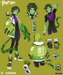  1boy absurdres beast_boy_(dc) bishounen black_bodysuit bodysuit claws colored_skin commentary dc_comics english_commentary english_text fangs green_background green_eyes green_footwear green_hoodie green_skin hand_in_pocket highres hood hoodie male_focus pointy_ears polluxery tail teen_titans yellow_eyes 