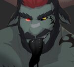 1boy bandaid bandaid_on_face bandaid_on_nose bara big_nose black_tongue deer_boy demon_boy demon_horns ears_down final_fantasy final_fantasy_xiv glowing glowing_eyes heterochromia horns huge_eyebrows kronos_(kronostrat) long_tongue male_focus mature_male mismatched_sclera monster_boy muscular muscular_male nude portrait seductive_smile short_hair smile solo sparky_(ethorasw) thick_mustache tongue tongue_out warrior_of_light_(ff14) 