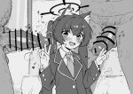  1girl 2boys :d animal_ear_fluff animal_ears bar_censor blue_archive blush cat_ears censored double_v erection fried_bocky greyscale hair_ribbon halo heart hetero jacket large_penis long_hair long_sleeves looking_at_viewer monochrome multiple_boys open_mouth penis ribbon school_uniform serika_(blue_archive) smile solo_focus steam sweat trembling twintails v 
