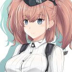  1girl atlanta_(kancolle) black_headwear blush breasts brown_hair earrings garrison_cap grey_eyes hair_ornament hat highres jewelry kantai_collection large_breasts long_hair long_sleeves nipa_(graf_xsr900) shirt solo star_(symbol) star_earrings two_side_up upper_body white_shirt 