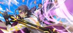  1boy artist_request aura bangs_pinned_back bismarck_waldstein black_gloves blue_sky cape cloud code_geass code_geass:_lost_stories day embers facial_hair fighting_stance forehead galahad_(code_geass) game_cg geass gem gloves glowing glowing_eyes goatee grey_eyes grey_hair happy heterochromia highres holding holding_sword holding_weapon jacket leaning_forward long_sleeves male_focus mecha military_uniform non-web_source official_art open_mouth outdoors pink_eyes purple_gemstone red_gemstone robot short_hair sky smile solo standing sword teeth two-handed two-sided_cape two-sided_fabric uniform weapon white_cape white_jacket 