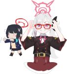  2girls 3_3 ayane_(blue_archive) black_hair blue_archive chi-iz chibi glasses grin halo highres long_hair multiple_girls mutsuki_(blue_archive) red-framed_eyewear short_hair simple_background smile teeth white_background white_hair 