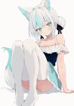  1girl animal_ear_fluff animal_ears aqua_eyes aqua_hair aqua_skirt arm_at_side bare_shoulders black_ribbon black_skirt blush closed_mouth collarbone colored_eyelashes commentary convenient_leg duosix_setsu0408 foreshortening fox_ears fox_girl fox_tail frilled_shirt frills hair_between_eyes hair_bun hair_ribbon highres legs legs_together looking_at_viewer miniskirt multicolored_hair no_shoes off-shoulder_shirt off_shoulder original ribbon shirt simple_background single_hair_bun skirt smile solo split_mouth streaked_hair tail thighhighs thighs tsurime white_background white_hair white_thighhighs 