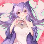  1girl :d bare_shoulders commentary_request cone_hair_bun dress elphe genshin_impact hair_bun hands_up heart heart_hands highres jacket keqing_(genshin_impact) long_hair long_sleeves looking_at_viewer off_shoulder open_clothes open_jacket purple_eyes purple_hair purple_jacket smile solo twintails very_long_hair white_dress 