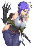  bare_shoulders breasts claws gauntlets gloves hair_ornament hair_stick large_breasts looking_at_viewer misasagi_tasuku original purple_eyes purple_hair single_glove sword weapon 