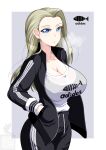  1girl artist_logo black_jacket black_pants blonde_hair blue_eyes breasts breath casual clara_(girls_und_panzer) cleavage closed_mouth clothes_writing drawstring girls_und_panzer grey_background hand_in_pocket highres huge_breasts ichijou_takakiyo jacket long_hair long_sleeves looking_at_viewer open_clothes open_jacket pants smile solo standing track_jacket track_pants 