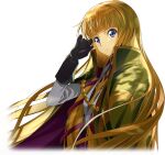  1girl artist_request black_gloves black_shirt blonde_hair blue_eyes blunt_bangs cape closed_mouth code_geass code_geass:_lost_stories cropped_torso dappled_sunlight from_side game_cg gloves green_cape hair_ribbon hand_up high_collar jacket long_hair long_sleeves looking_at_viewer military_uniform monica_kruszewski non-web_source official_art red_ribbon ribbon shirt sidelocks simple_background solo standing sunlight transparent_background two-sided_cape two-sided_fabric uniform upper_body v-shaped_eyebrows white_jacket 