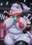 absurd_res anthro areola big_breasts biped blue_eyes blush boingfarm breasts female fur grey_body grey_fur hi_res huge_breasts lombax looking_at_viewer mammal navel nipples ratchet_and_clank rivet_(ratchet_and_clank) slightly_chubby slightly_chubby_anthro slightly_chubby_female smile solo sony_corporation sony_interactive_entertainment