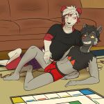 1:1 anthro anthrofied arm_support barefoot board_game boxers_(clothing) briefs bulge clothed clothing crop_top duo eye_contact feet furniture fuze generation_3_pokemon generation_7_pokemon grin hi_res looking_at_another lycanroc lying lying_on_ground male male/male midnight_lycanroc midriff nintendo on_ground on_side pantsless pawl_(fuze) pokemon pokemon_(species) pokemorph poochyena rocky_(fuze) shirt smile sofa t-shirt topwear torn_sleeves underwear