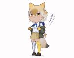 1girl :3 absurdres adapted_costume animal_ears asymmetrical_legwear backpack bag bag_charm beleven black_jacket black_thighhighs blonde_hair blue_bow blue_bowtie blush bow bowtie brown_skirt charm_(object) collared_shirt coyopotato coyote_(kemono_friends) extra_ears gloves hair_between_eyes highres jacket kemono_friends kemono_friends_v_project light_brown_hair long_sleeves multicolored_hair pleated_skirt shirt short_hair sidelocks skirt solo striped_clothes striped_thighhighs t-shirt tail thighhighs translation_request two-tone_thighhighs vertical-striped_clothes vertical-striped_thighhighs virtual_youtuber white_hair white_shirt white_thighhighs wolf_ears wolf_girl wolf_tail yellow_eyes yellow_gloves yellow_thighhighs zettai_ryouiki 