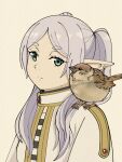  1girl a-king animal_on_shoulder bird bird_on_shoulder black_shirt capelet closed_mouth commentary_request eurasian_tree_sparrow flat_chest fluffy frieren gold_trim green_eyes grey_hair highres long_hair parted_bangs pointy_ears shirt simple_background smile solo sousou_no_frieren sparrow striped_clothes striped_shirt twintails upper_body white_capelet white_shirt 