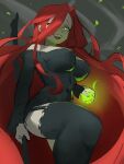  1girl :d abstract_background absurdly_long_hair absurdres bare_shoulders black_garter_straps black_shirt black_thighhighs breasts commentary covered_navel covered_nipple english_commentary fire floating_hair from_below furrowed_brow garter_straps glowing glowing_eye green_eye green_eyes green_fire hair_over_one_eye highres holding holding_weapon leg_up long_hair long_sleeves magic maplestory medium_breasts open_mouth red_hair shirt simple_background sketch skin_tight slit_pupils smile smug solo standing strapless strapless_shirt teeth thighhighs thighs upper_teeth_only verus_hilla very_long_hair wavy_hair weapon zettai_ryouiki zujo3201 