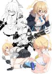  1girl ahoge blonde_hair blue_archive braid breasts cheerleader cleavage fur_trim gatling_gun glasses halo highres kotori_(blue_archive) kotori_(cheer_squad)_(blue_archive) minigun necktie pleated_skirt red_eyes school_uniform short_hair skirt umiwashi white_background 