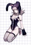  1girl animal_ears black_leotard breasts danganronpa_(series) danganronpa_2:_goodbye_despair detached_collar fake_animal_ears fishnet_thighhighs fishnets flipped_hair groin highres large_breasts leotard looking_at_viewer medium_hair mole mole_on_breast nanami_chiaki neck_ribbon no_hair_ornament playboy_bunny rabbit_ears ribbon solo strapless strapless_leotard thighhighs uranagi_(uranaginasi) 