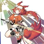  1girl animal_ears arknights black_footwear breasts closed_mouth collarbone commentary_request crop_top feet_out_of_frame flametail_(arknights) highres holding holding_sword holding_weapon kneehighs long_hair medium_breasts midriff navel orange_shirt red_eyes red_hair shirt shoes short_shorts short_sleeves shorts signature smile socks solo sword tail touno_(akarino) weapon white_shorts white_socks 