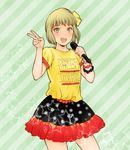  alternate_costume bad_id bad_pixiv_id blonde_hair blush bracelet huang_baoling jewelry microphone music shirt short_hair singing skirt solo t-shirt tiger_&amp;_bunny v yellow_eyes yokotobi 